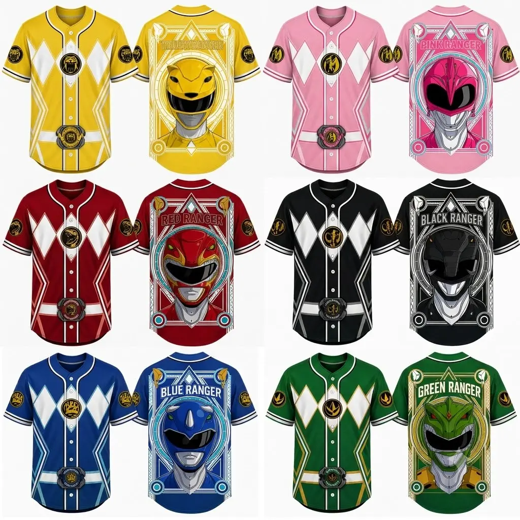 Vintage Arcade Era Action Hero Pattern Baseball Jerseys - Stylish Short Sleeve Button Up Sports Shirts - Show Off Your Love for Classic Japanese-Inspired Superhero TV Shows with these Colorful Retro Designs Featuring Detailed Helmet Graphics