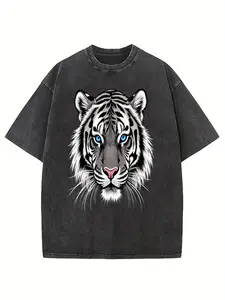 Men's retro washed blue and white tiger print T-shirt - oversized black and blue tiger print, super soft 100% cotton crew neck T-shirt, breathable loose shoulder short sleeves, Harajuku street style and hip-hop aesthetics