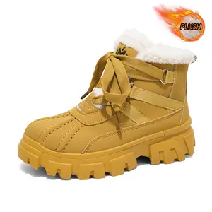 Plush-Lined Chunky Boots – Yellow/Olive/Black | Cozy Fleece Interior | Durable Rugged Sole | Adjustable Strap & Laces | Trendy Platform Design | All-Day Comfort | Daily/Casual Wear | Stylish Winter Footwear | Bold Chunky Silhouette | Cool Weather Ready