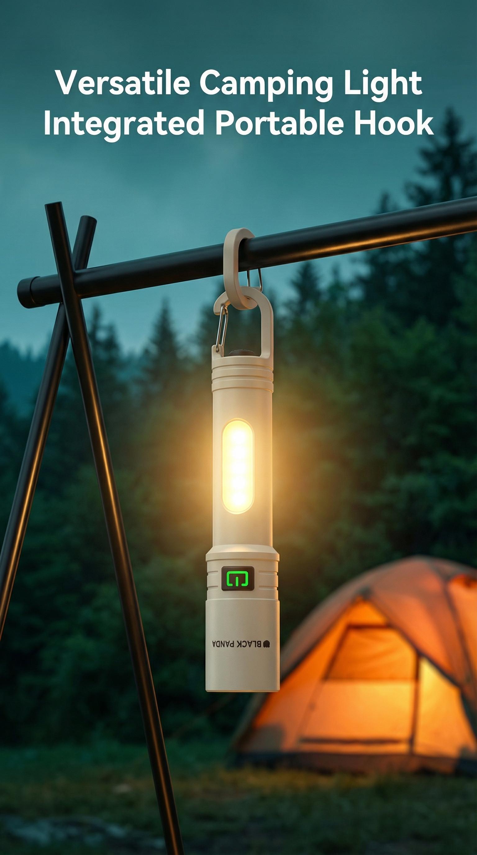 Black Panda Portable Flashlight with Hook Built-in Tail Hanger COB Side Light  Max 500 Lumens TYPE-C Quick Charge Perfect Companion for Hiking and Camping