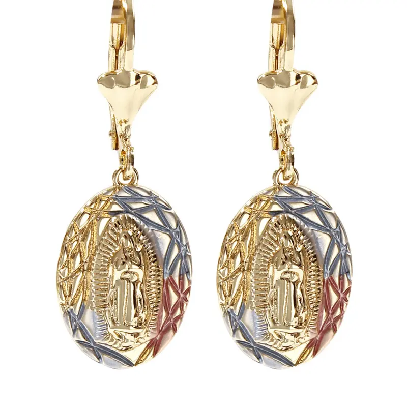 2pcs Personality Oval Cubic Zirconia Virgin Mary Ear Studs, Copper Plated in Gold Color