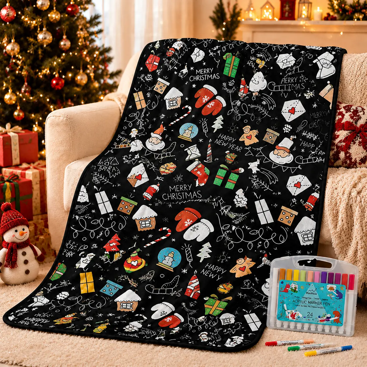 Christmas Color-Your-Own Blanket for Kids & Adults – DIY Interactive Fuzzy Velvet Throw with 24 Acrylic Markers, Holiday Creative Art Blanket for Family Fun, Christmas Gifts, Travel, Graduation Gifts, Coloring Blanket Tapestry