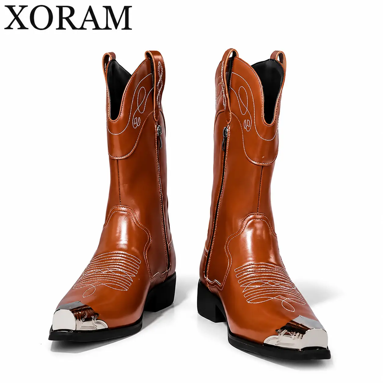 XORAM Men's Western Cowboy Boots Fashionable Versatile Metal Pointed Toe Embroidered Boots Vintage Workwear Motorcycle Boots Non-Slip Wear-Resistant Work Boots 90191 Closed Footwear