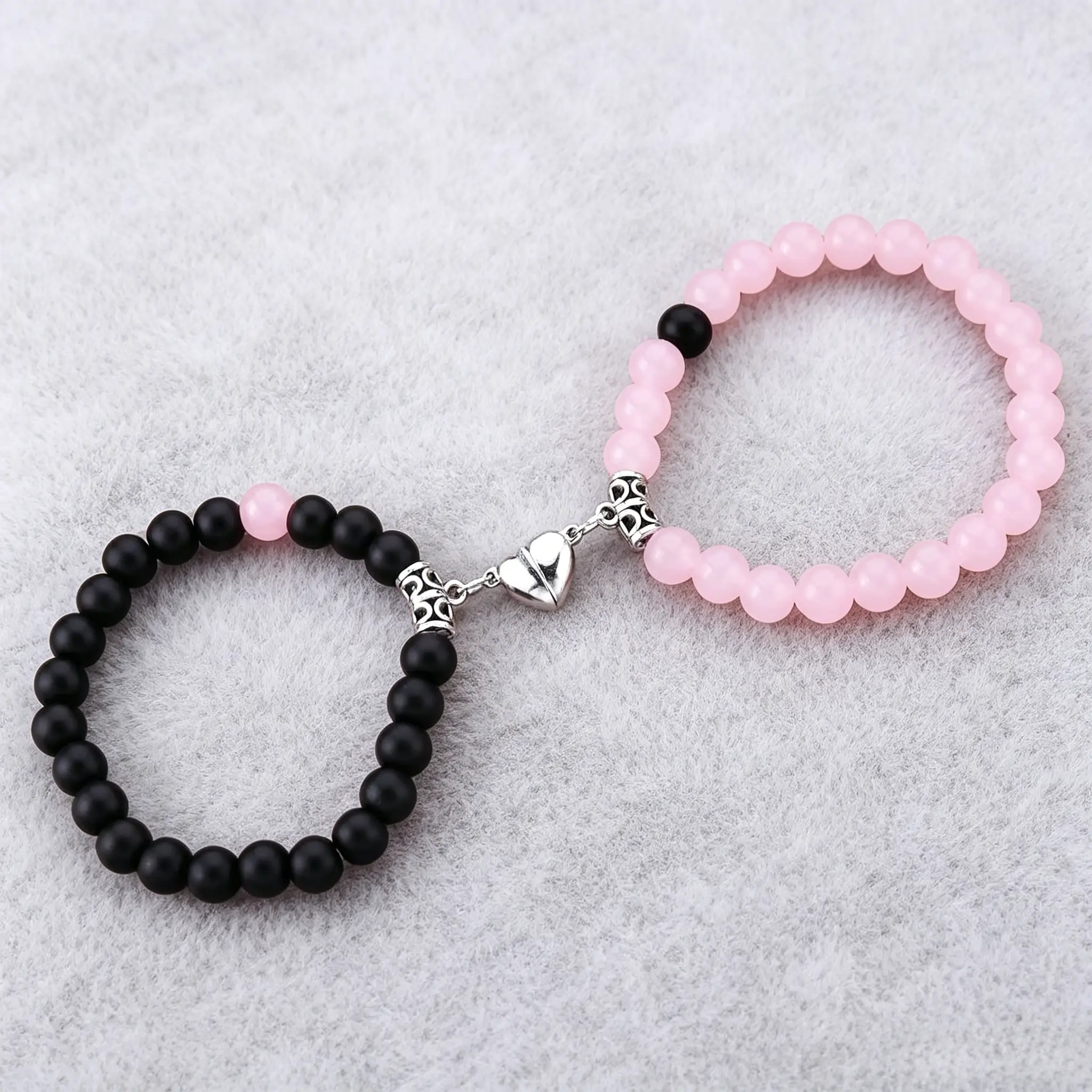 Colored Glass Stone Stacked Bracelet Set - 2-Tone Pink-Black Round Beaded Bangles, Daily Matching Wrist Accessory for Party Decor, Festive & Home Supplies