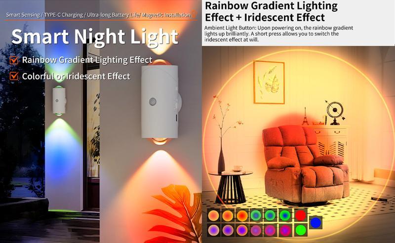 Smart induction LED night light with motion sensor, USB rechargeable RGB gradient wall lamp, dimmable magnetic step lamp for bedroom, entryway, hallway, desk, and stairs — indoor ambient lighting, cozy atmosphere, easy charging, modern decor