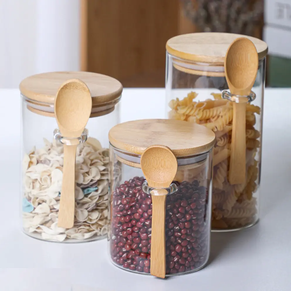 3 Pack Round/Square Glass Spice Jars with Bamboo Lid & Wood Spoon, Airtight Food Storage Canisters for Spice, Sugar, Coffee, Pantry Organizer