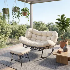 Fathersdaygift Summervibes Flash sale home items Papasan Rocking Chair Set with Ottoman – All-Weather Wicker Rattan Recliner for 2 Persons – Soft Comfortable Cushions for Indoor & Outdoor Use – Perfect for Garden, Balcony, Porch and Living Room