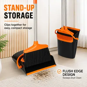Large Broom and Dustpan Set, Stand Up Cleaning Combo with Long Handle and Self-Cleaning Dustpan Teeth, Easy Sweep Floor Cleaner for Home, Kitchen, Office and Outdoor Use