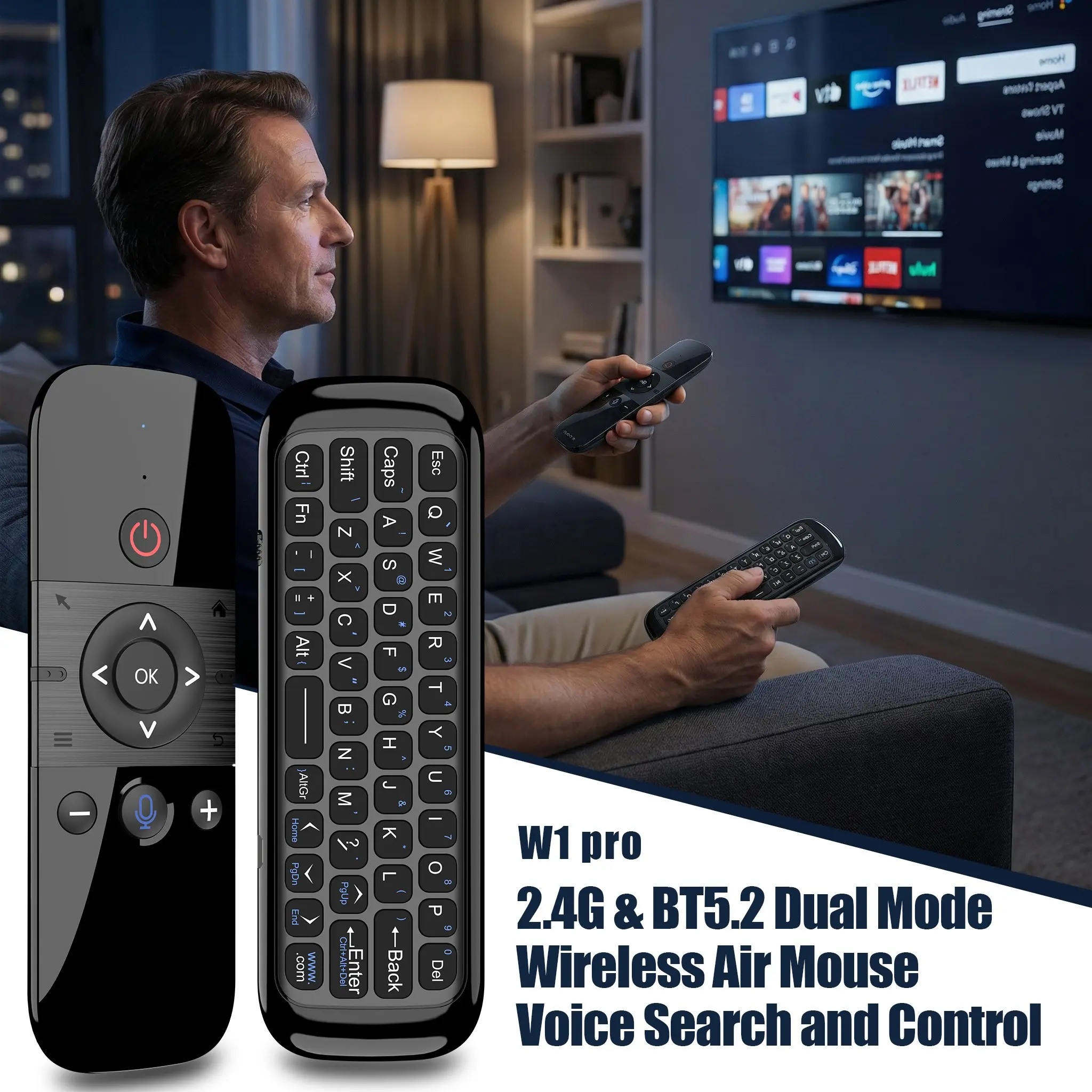 W1 Pro 2.4g Bluetooth-compatible Wireless Air Mouse Remote Control, Universal Smart Remote, Dual Wireless Control, Mini Keyboard & Voice Search, Smart TV, PC Plug-And-Play, 10m Range, Portable Design