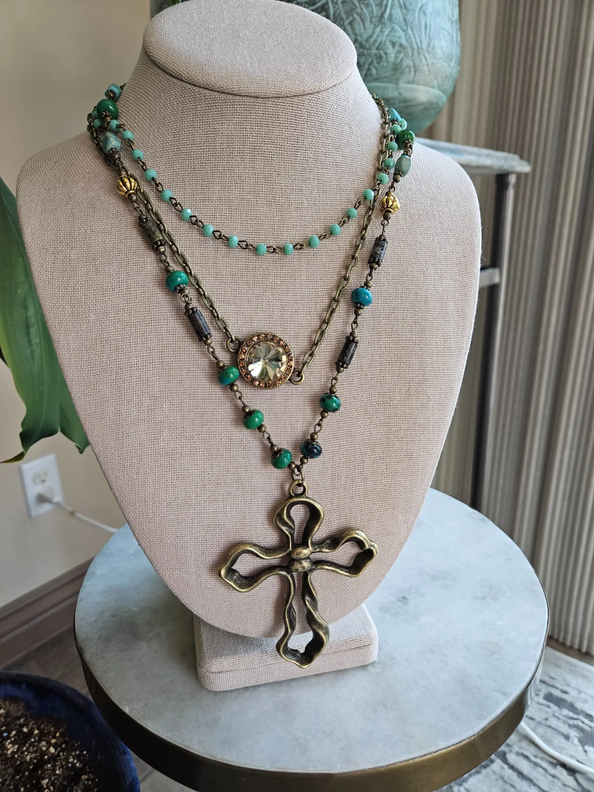 MCH Rustic Boho Cross Beads Necklace, Unisex Layered Multi-Length Costume Jewelry for Casual Wear