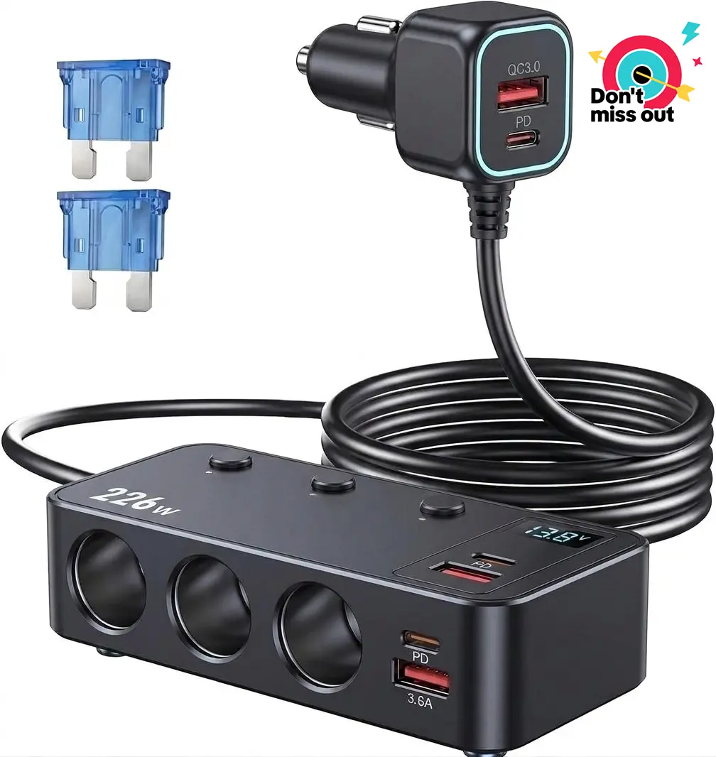 226W Cigarette Lighter Splitter 9-in-1Design,Multi-Port Car Charger Adapter with 3 Socketsand Dual PD USB-C, 4 USB Fast Charging Portsfor Multiple Devices, LED Voltage Display withIndependent Switches, Professional 12V-24vAuto Accessory #SummerVibes