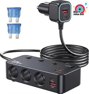 226W Cigarette Lighter Splitter 9-in-1Design,Multi-Port Car Charger Adapter with 3 Socketsand Dual PD USB-C, 4 USB Fast Charging Portsfor Multiple Devices, LED Voltage Display withIndependent Switches, Professional 12V-24vAuto Accessory #SummerVibes