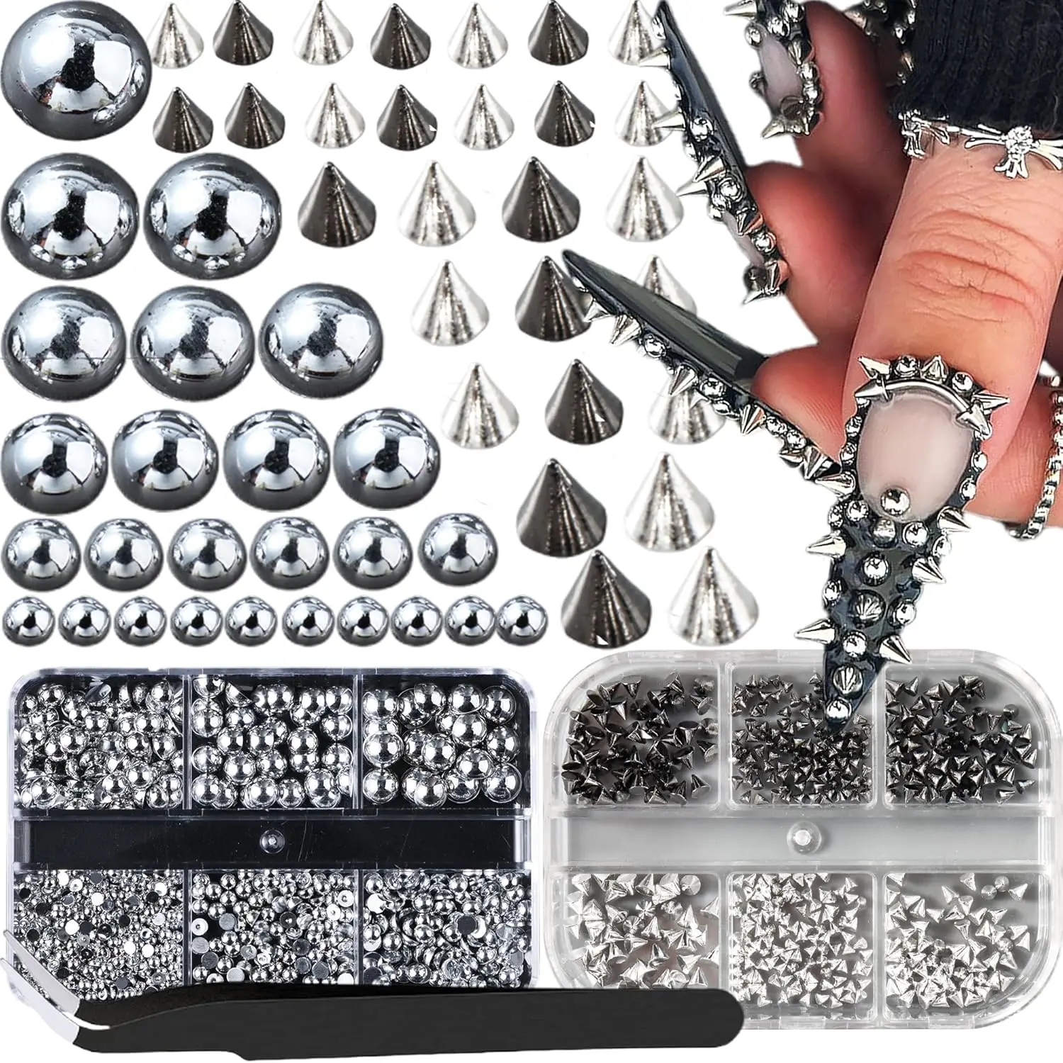 Halloween Fall Gift 3D Mini Metal Punk Nail Art Studs Mixed Sizes Gold Black Cone Spikes Alloy Rivets Jewelry Steel Balls Jewels for Women Goth Manicure Charms Accessories DIY Crafts Decorations
