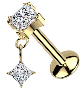 Gold PVD Prong Rhombus Clear CZ Dangle Titanium Convex Disk Labret