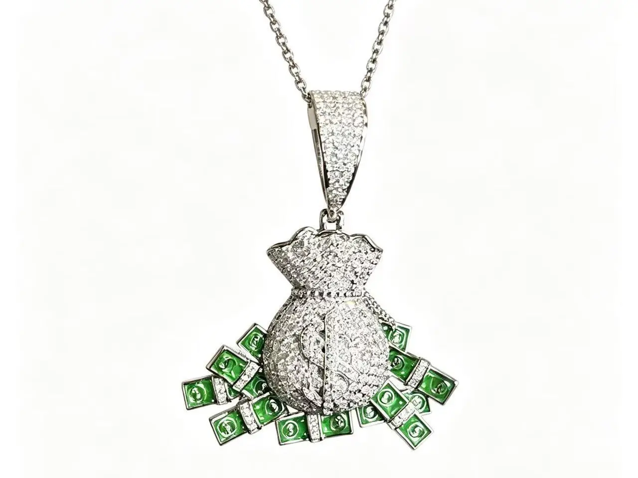 M2-8072 Iced-Out Cash Money Moiss Charm, Dazzling Design with Flying Bills, Perfect for Representing Your Grind & Love for the Come-Up summerwins
