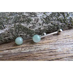 Custom Lengths Green Aventurine Natural Stone Barbell Tongue Ring 14g (1.6mm) Piercing