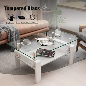 Modern Double Layer Glass Coffee Table with Iron Frame, 2-Tier Storage Shelf for Living Room/Office, Multi-Use as Computer Desk or Makeup Table, Easy Clean Surface, Easy Assembly