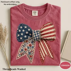 Comfort Colors Printed 4th of July Coquette American Flag Shirt, Faux Patchwork 4th of July Shirt, Patchwork USA Shirt, Patriotic Shirt, USA Bow Top Womenswear Gift for Her