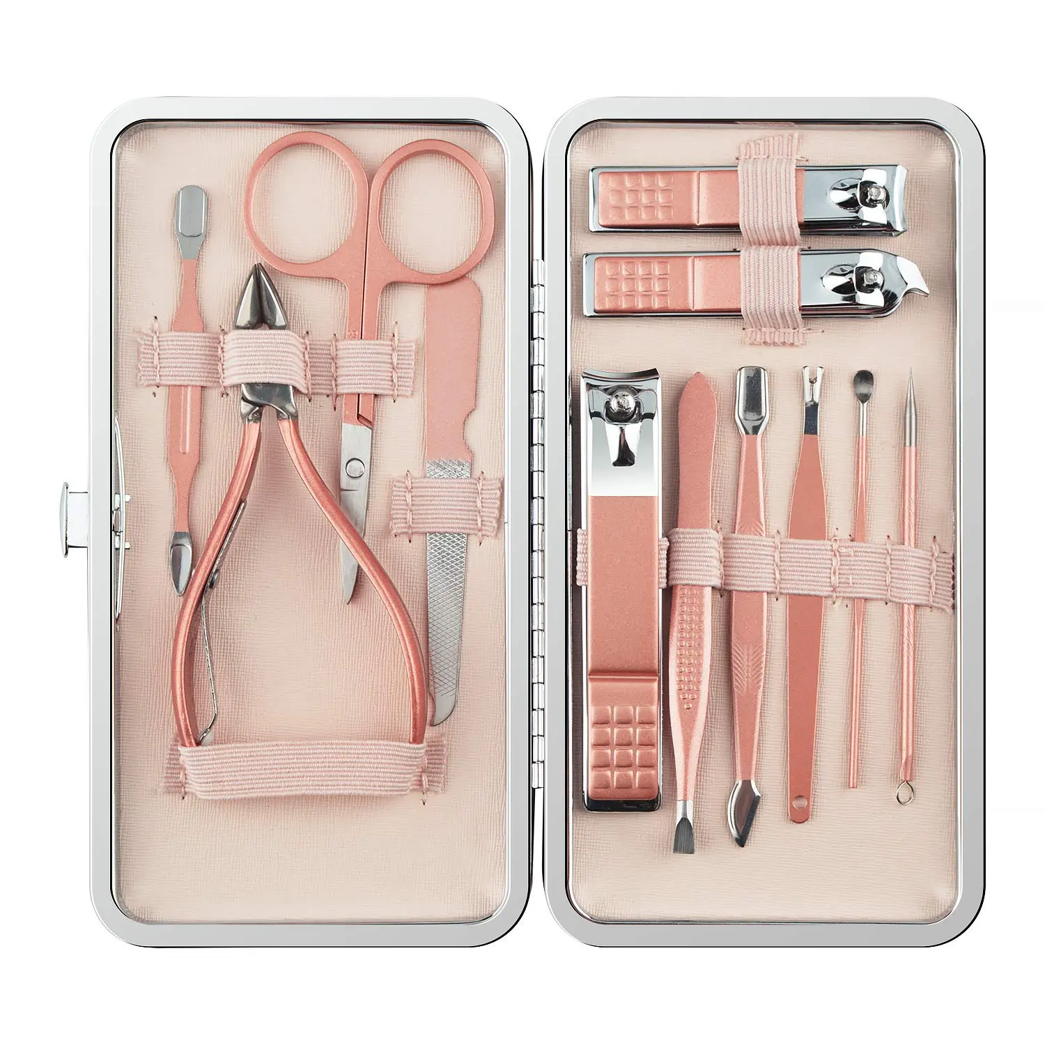 12pcs Pink Stainless Steel Manicure Pedicure Kit - Nail Tech Supplies, Nail Scissors, Toenail Clipper, Cuticle Cutter, Fingernail Grooming Tools with Pink Leather Travel Case, Nailcare, Cuticle Pusher, Nippers, Affordable, Beauty Products, 12 Pieces, Groo