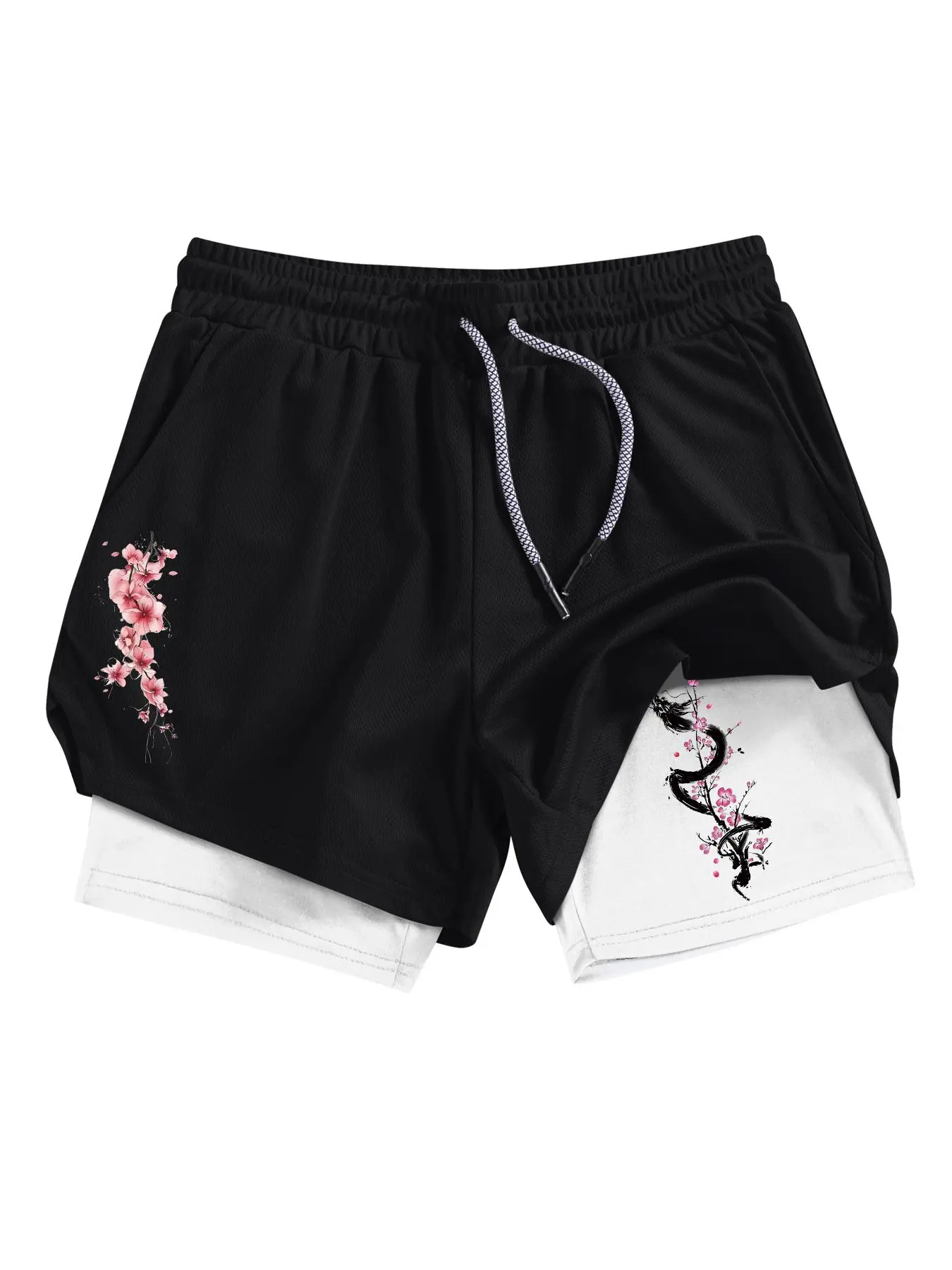 Men's Dragon & Cherry Blossom Print 2-in-1 Gym Shorts with Phone Pocket, Regular Fit Breathable Quick Drying Performance Shorts for Gym Workout Running, Casual Sporty Shorts for Summer, Activewear Shorts