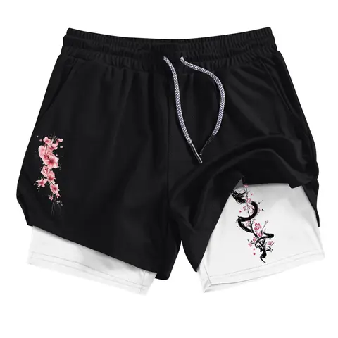 Men's Dragon & Cherry Blossom Print 2-in-1 Gym Shorts with Phone Pocket, Regular Fit Breathable Quick Drying Performance Shorts for Gym Workout Running, Casual Sporty Shorts for Summer, Shorts with Pockets