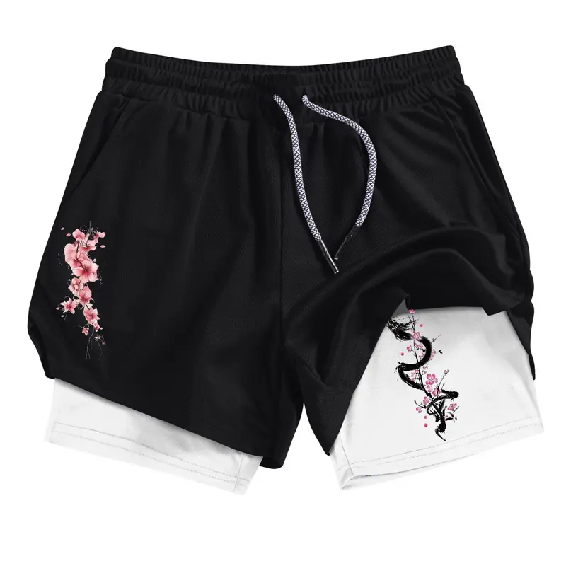 Men's Dragon & Cherry Blossom Print 2-in-1 Gym Shorts with Phone Pocket, Regular Fit Breathable Quick Drying Performance Shorts for Gym Workout Running, Casual Sporty Shorts for Summer, Shorts with Pockets