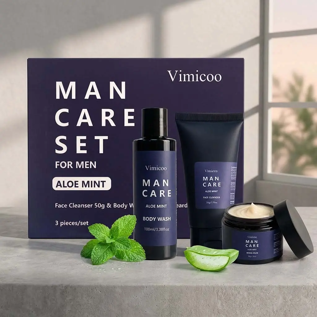 Vimicoo Men's Grooming Gift Set, 3-Piece Aloe Mint Body & Face Care Kit with Cleanser, Body Wash, Beard Balm | Oil Control Daily Care, US Stock