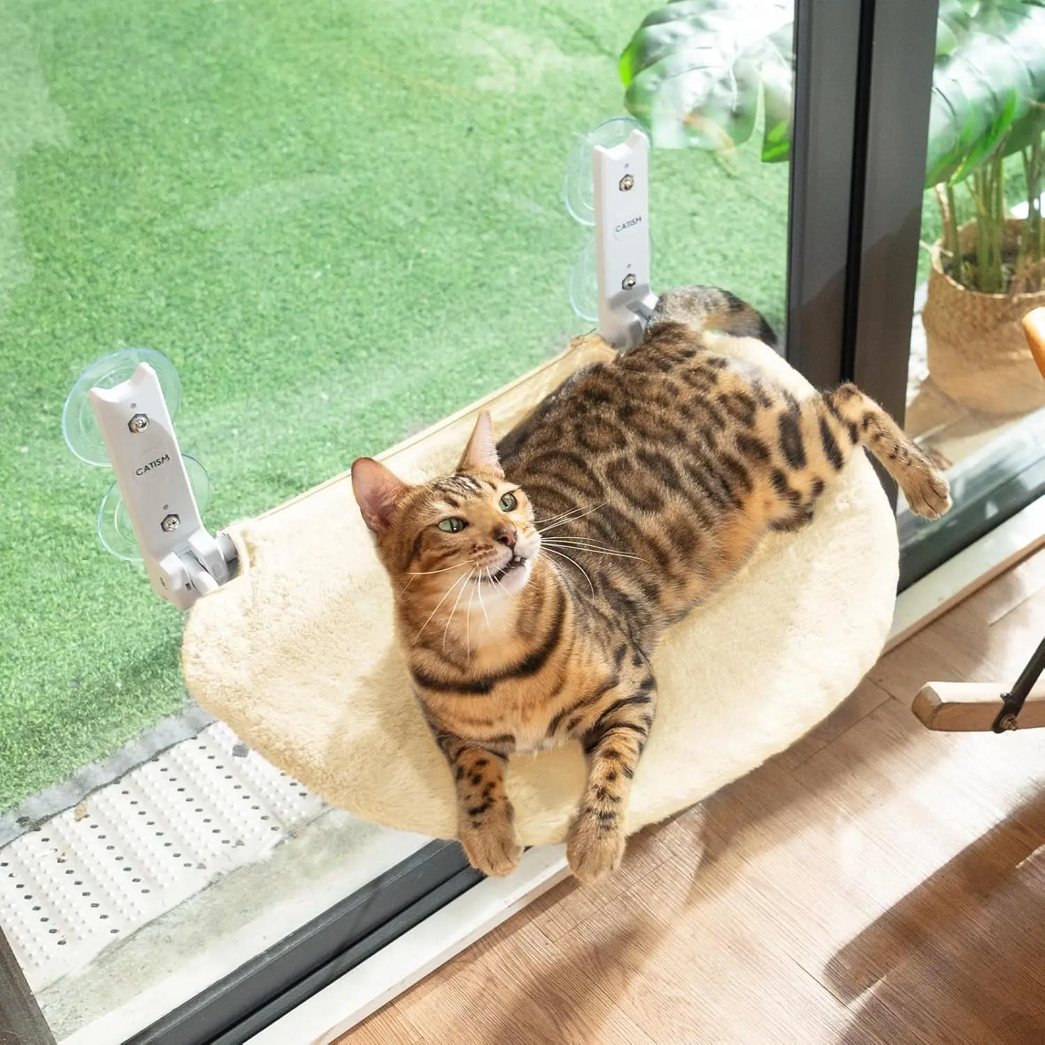 Cat Window Perch - Cat Hammock - Window - Seat - Home - Cat Window Hammocks Bed for Indoor Cats, Solid Metal Frame, 4 Suction Cups, Reversible Cover, Foldable, Cordless (Beige)