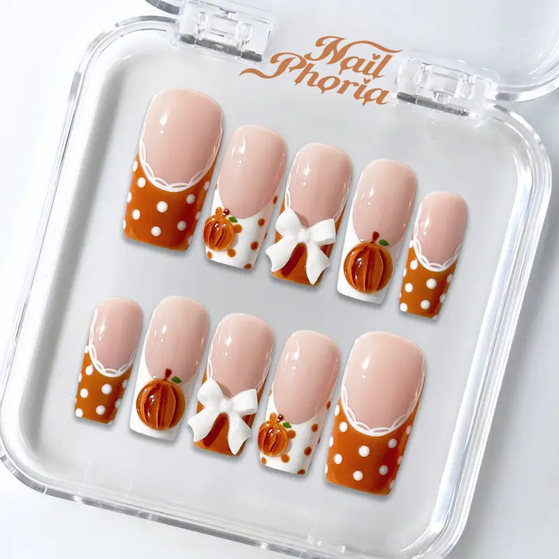 NailPhoria PUMPKIN LACE - Halloween Handmade Press-On Nails | Reusable, Salon-Quality, Long-Lasting, Glossy Design-Medium Square 25mm