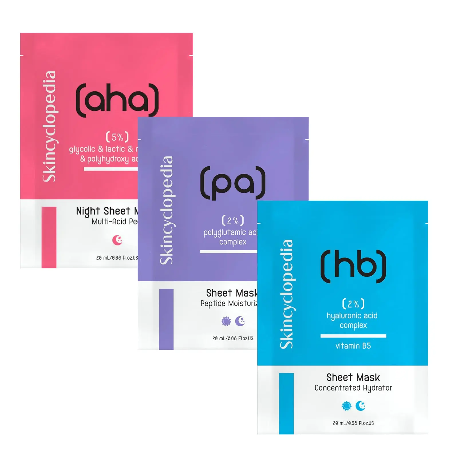 Skincyclopedia Sheet Mask, Hyaluronic, Glycolic & Peptide Mask Set, Anti-Blemish, Anti-Aging, Intense Hydrating Formula, Vitalizer Skin Booster, Reduce Wrinkles, Instant Brightening, Vegan. 3 Pack