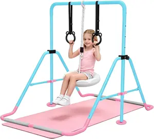 Children's Gymnastics Horizontal Bar – Foldable Bar (includes mat, swing, and rings), 5-level adjustable height (35–51 inches), stable A-frame design; suitable for training and home practice—fitness bar for toddlers and children.