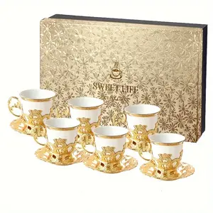 2/6 Sets, Golden Vintage Teacups And Saucers, Ceramic Coffee Cup And Saucer Plate, European Style Turkish Drinking Cups For Breakfast, Tea Party, Afternoon Tea, Home, Garden, Restaurant And More, Summer Winter Drinkware, Gifts