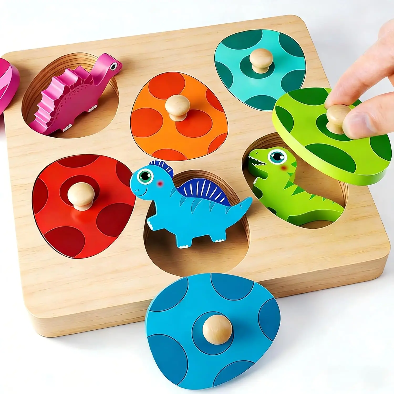 Wooden Montessori Dinosaur Shape Sorter Puzzle Set - Manual Color Matching Eggs Peg Toy, Kids Learning Materials for 12-18 Months Toddlers, 1-2 Year Old Gifts, Toddler Learning Activities, Montessori Toy