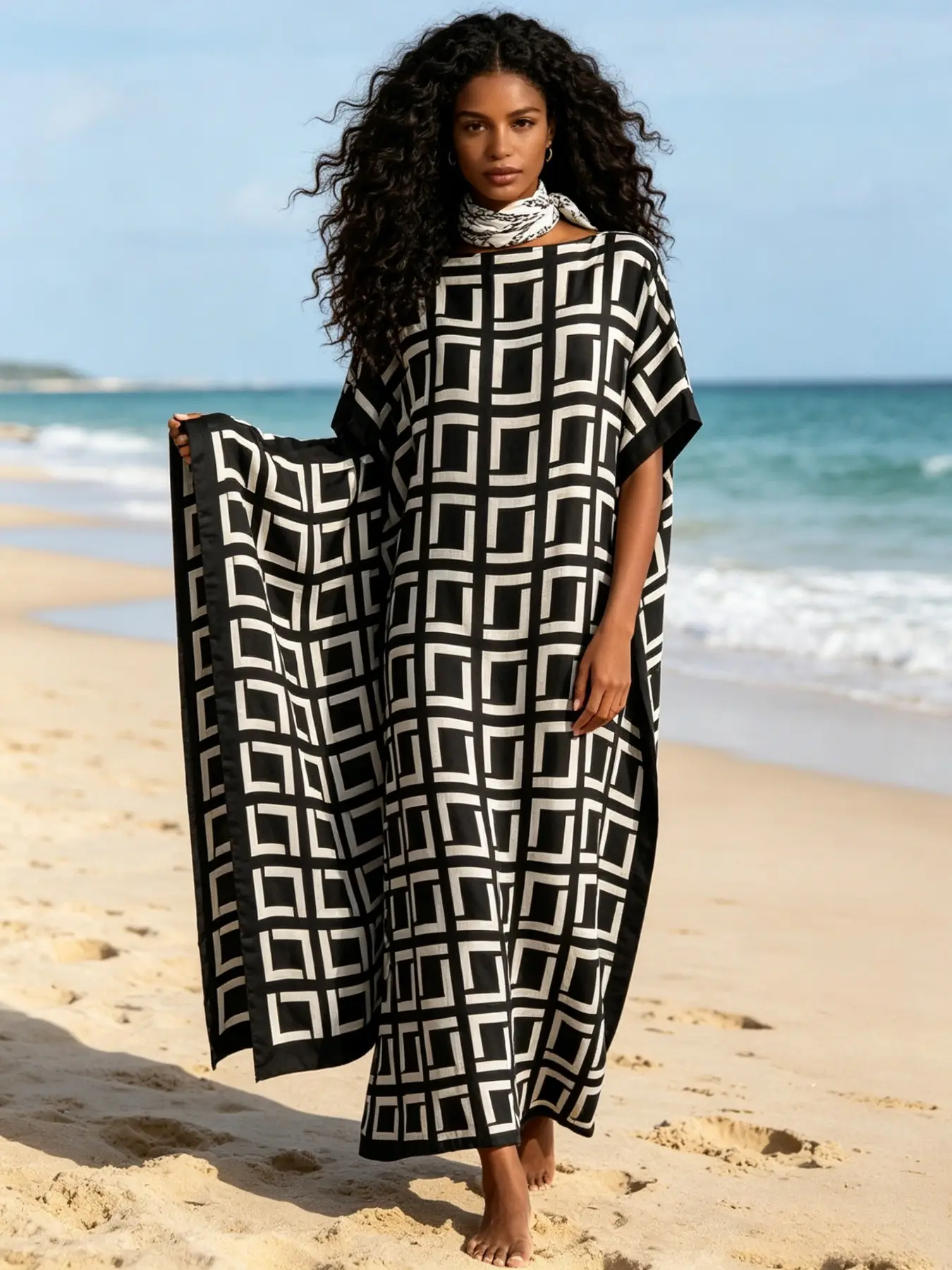 1 Robe+1 Scarf Black Bottom White Pattern Geometric Loop Printed Robe Dress Set Large Ship Collar Loose Flesh Covering Long Dress Retro Women, Casual Vacation Style Dress Robe Muslim Vacation/Daily Modest