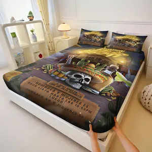 Mexican Day of the Dead Skull Bed Sheet Set, Retro Street Style Anti-Slip, Flag Element Bedding, Elastic Fit Mattress Cover