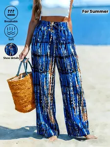 Plus Size Tie-Dye Wide-Leg Pants Casual Drawstring Waist Loose Fit Trousers, Y2K Clothes Summer Vacation Outfits, Trendy Bohemian Bottoms, Comfortable Relaxed Fit Casual Trousers, Stylish Pattern Detail Beach Wear