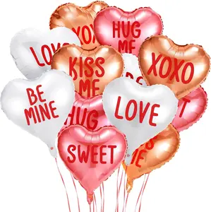 12 Pcs Valentine's Day Candy Heart Balloons 18 Inch Foil Balloons Heart Shaped Balloons XOXO Love Sweet Be Mine Kiss Me Hug Me Foil Heart Balloons Valentine's Day Wedding (Rose Gold, Pink, White)