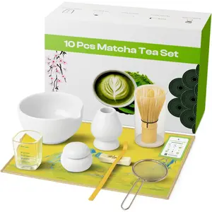 10 count Matcha Kit Set, Ceramic Matcha Set Includes 17oz Matcha Bowl,  Whisk and Scoop, Whisk Holder, Sifter, Scoop holder, Measuring Cup,  ,  Towel and Instruction Manual (White)