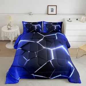 Luxury Honeycomb Pattern Bedroom Bedding Set - Hexagonal Blue Black Designer Comforter, Ultra-Soft Simplistic Geometrical Quilt Set