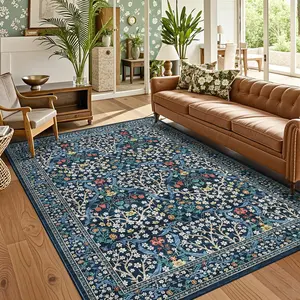 GARVEE 5x7 Washable Area Rug Vintage Floral Area Rug For Living Room Stain Resistant Easy Cleaning Throw Carpet With Non-Slip Backing Floor Cover For Bedroom Dining Room Office,Blue
