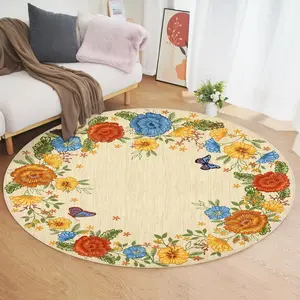 GARVEE 4ft Floral Washable Round Area Rug – Soft, Non-Slip, Non-Shedding Boho Circle Carpet with Low Pile, Foldable Thin Mat for Bedroom, Living Room, Bathroom, Nursery, Kitchen, Under Table in Yellow