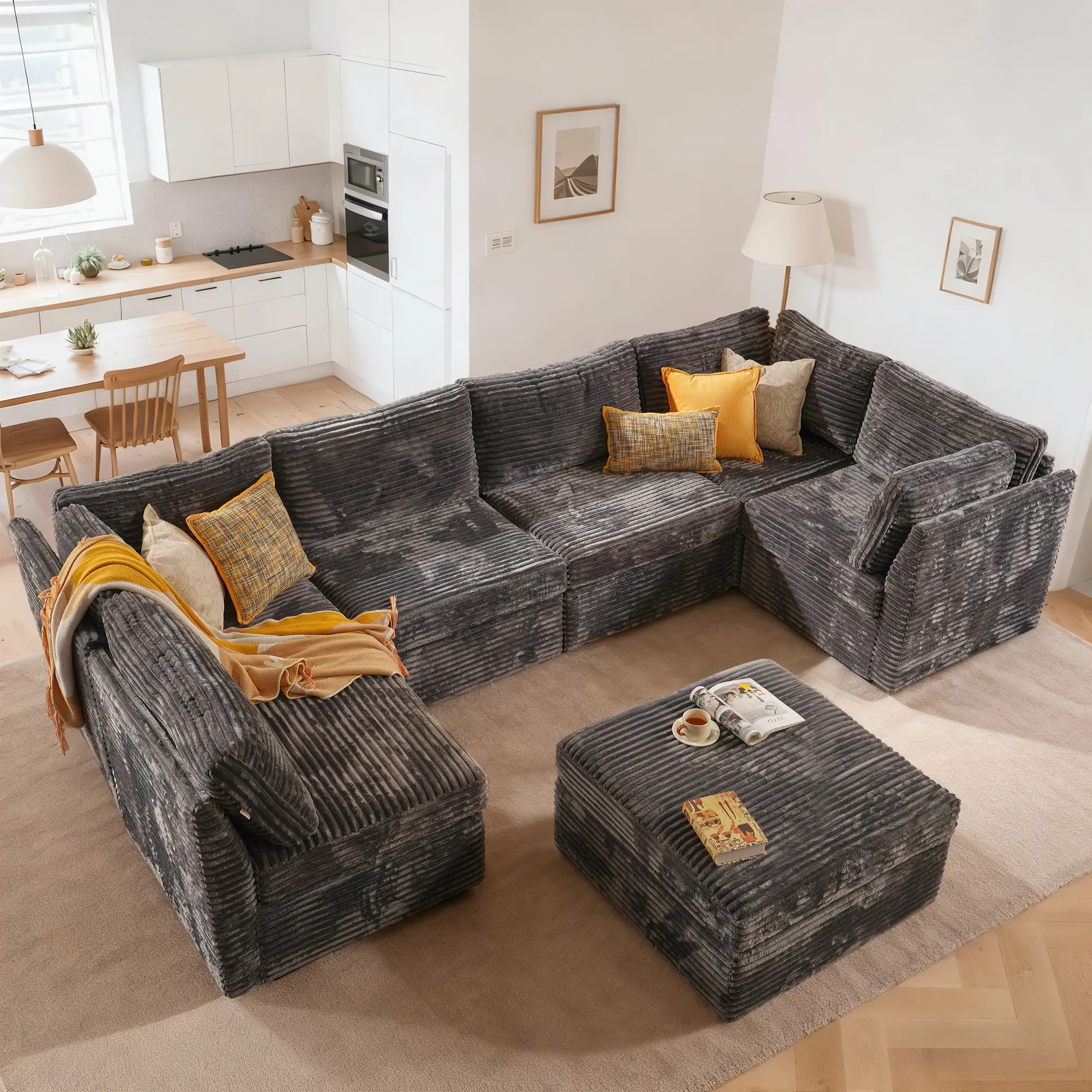 ALTRIGUS Modular Sectional Cloud Couch, 6 Seater Corner Sofa Big Comfy Corduroy V Shaped Couch with Throw Pillows, Convertible Chaise, Ottoman, Couches for Living Room Office