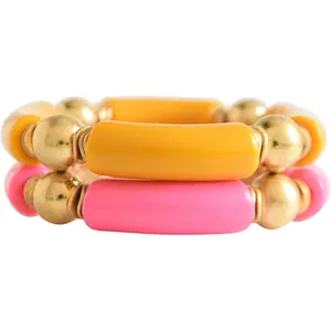 Plated Beaded   Tube Bangle Bracelets for Women, Colorful Chunky Curved Tube With  Pieces Beads Stretch Bracelet Friendship Summer Beach