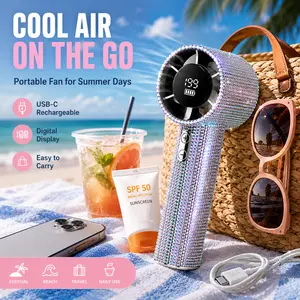 Rhinestone Portable Handheld Fan, 199-Speed Rechargeable Mini Fan with Digital Display, USB-C Personal Cooling Fan for Women, Makeup, Festival, Beach, Travel, Commute, Office & Outdoor Summer Use