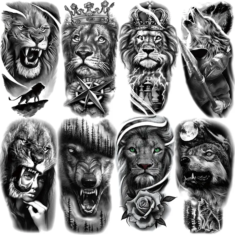 8 Sheets Tribal Wolf Lion Temporary Tattoos, Waterproof Realistic Fake Tattoo Stickers for Leg Arm Neck, Multiple Styles for Men Women Adults