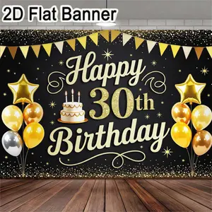 2D flat banner, 1pc30th Birthday Backdrop Golden Glitter Black Background, Festive Happy 30th Birthday Party Decor with Cake & Balloons