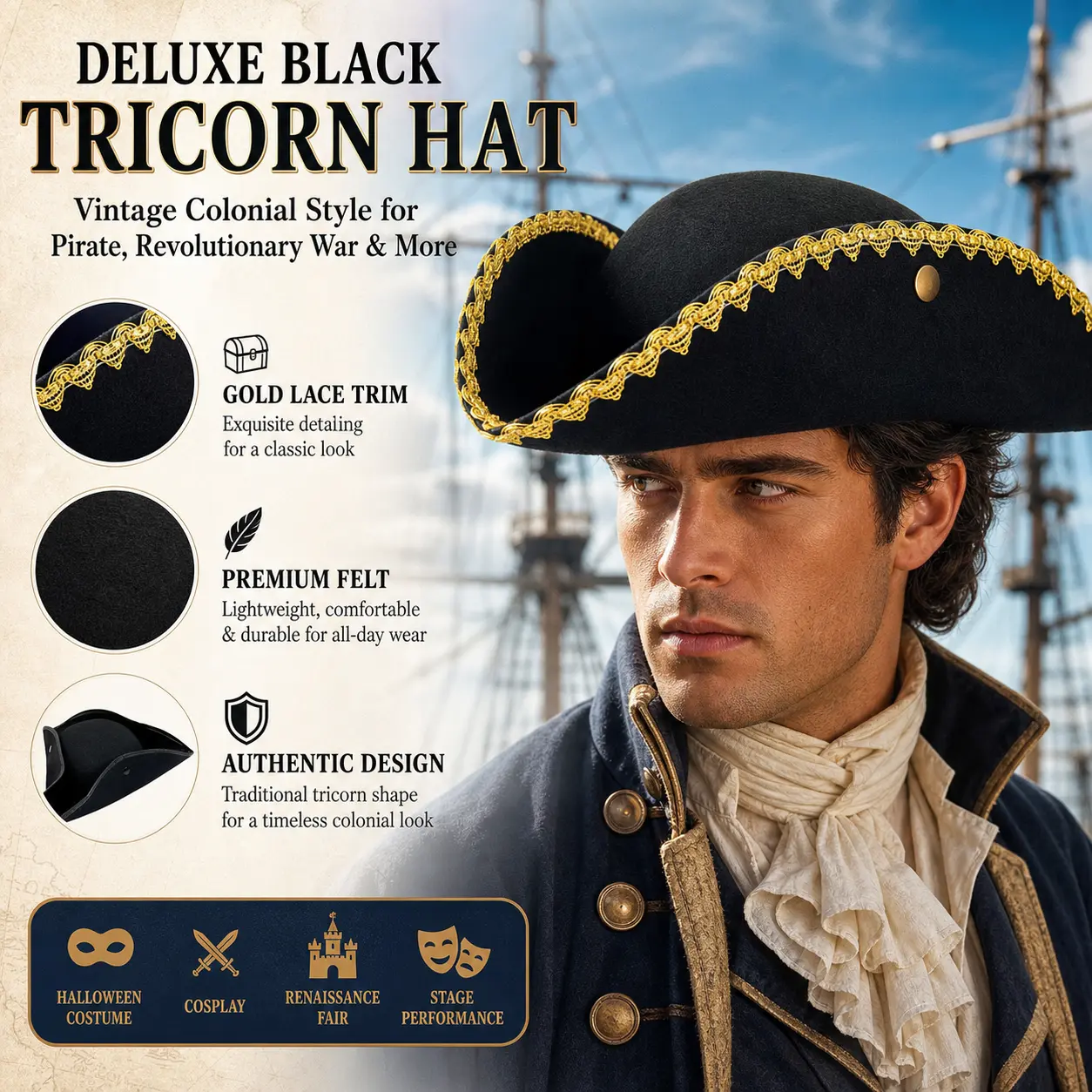 Adults Deluxe Black Colonial Tricorn Pirate Hat, Gold Lace Trim Vintage Revolutionary War Costume Hat for Halloween Cosplay Renaissance Party Stage Performance