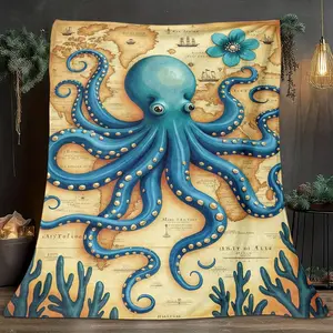 1pcs Piece Of Ocean Exploration Map And Octopus-Themed Flannel Blanket, Digital Print, Sofa Bed Cover Blanket, Skin-Friendly And Soft, Suitable For Birthday And New Year Gifts All Year Round