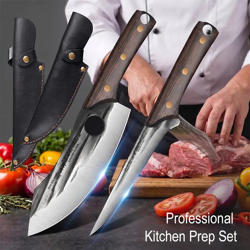 Razor Sharp Kitchen Knife Set 2-Piece Stainless Steel Cooking Knives with Finger Hole Meat Cleaver and Boning Knife for BBQ,Damascus,Spring,holiday,foldingknife,japanese,multipurpose,,hand,protective,professional