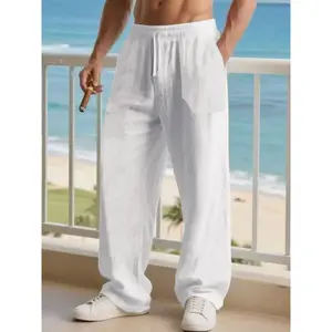 Men's loose linen pants, casual loose pants, elastic drawstring belt, perfect for coastal vacations, poolside relaxation, and Friday leisure, whiteRAIMENTRY